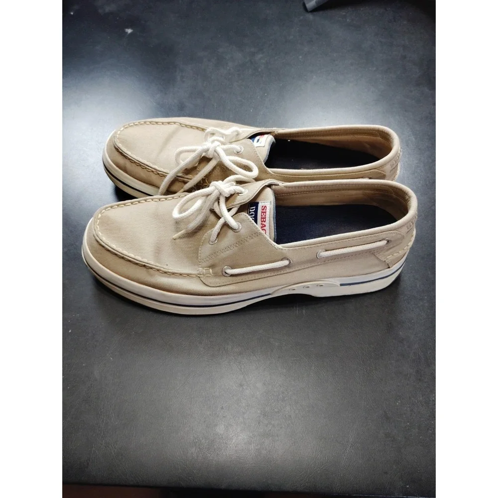 Sebago Docksides Men 13 Beige Canvas‎ Boat Shoes Casual Slip On Loafers Preppy